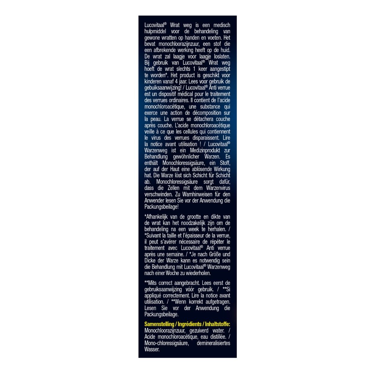 Texte au dos de l'emballage de Lucovitaal Wrat weg. Contient des informations sur l'utilisation et les ingrédients. En néerlandais.