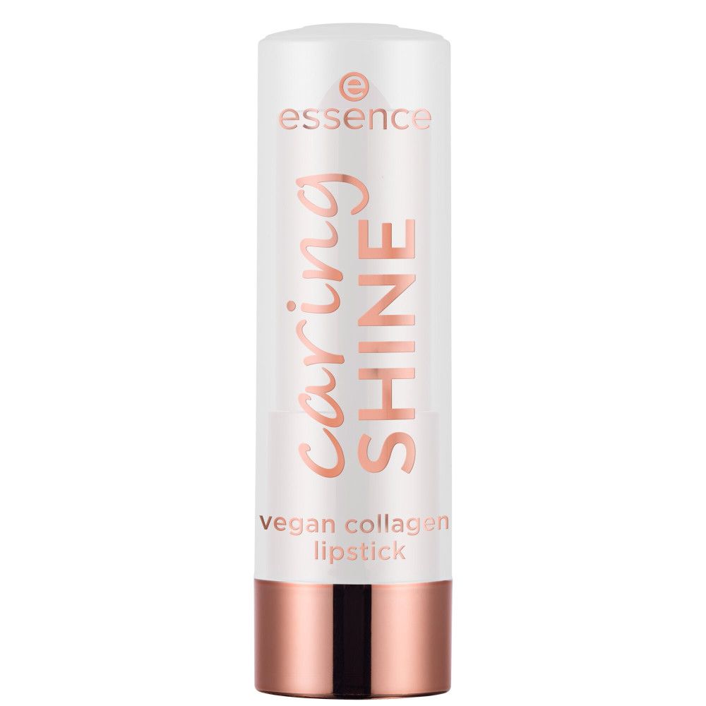 Rouge à lèvres blanc avec base cuivrée. Inscription: Caring Shine, vegan collagen lipstick, logo Essence.