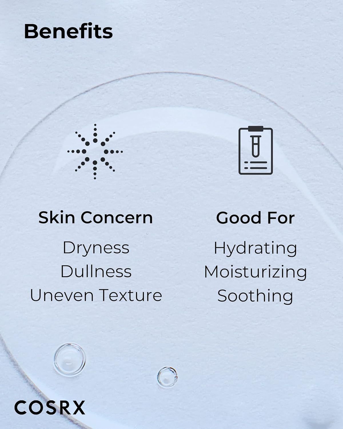 Texte: Benefits. Skin Concern: Dryness, Dullness, Uneven Texture. Good For: Hydrating, Moisturizing, Soothing. Sur fond clair.