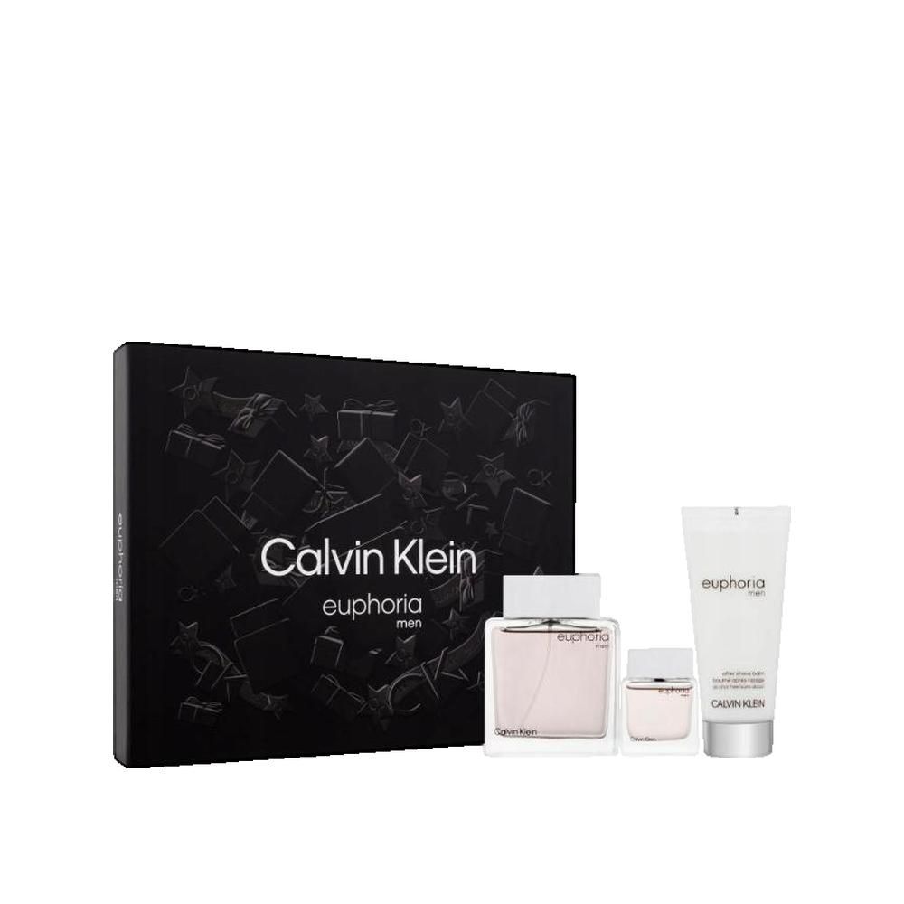 Coffret Calvin Klein Euphoria Men. Boîte noire avec motifs, flacon de parfum, miniature et tube de soin.