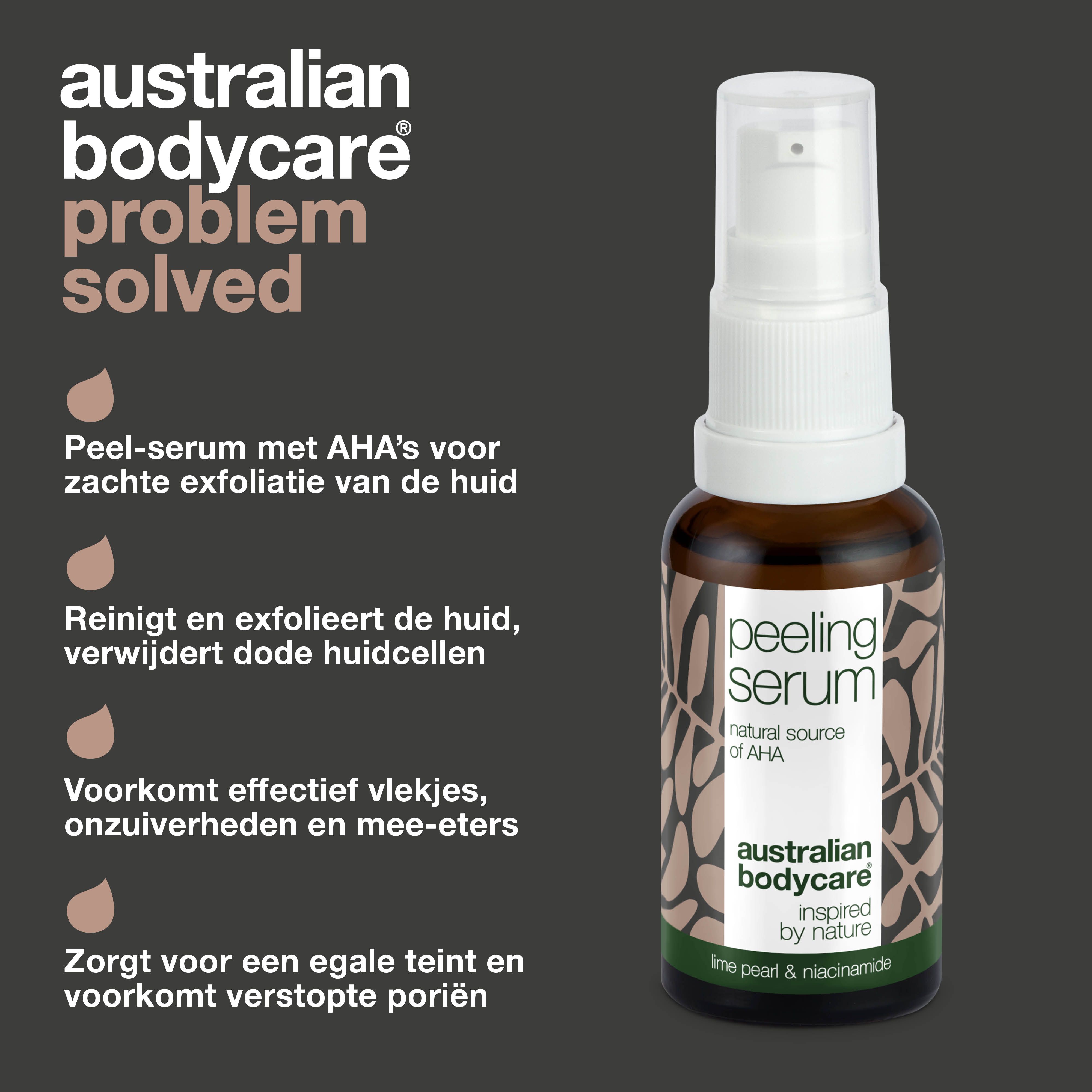 Fles peeling serum. Tekst: natuurlijke ingrediënten, reinigt en exfolieert, zachte peeling, egale teint.