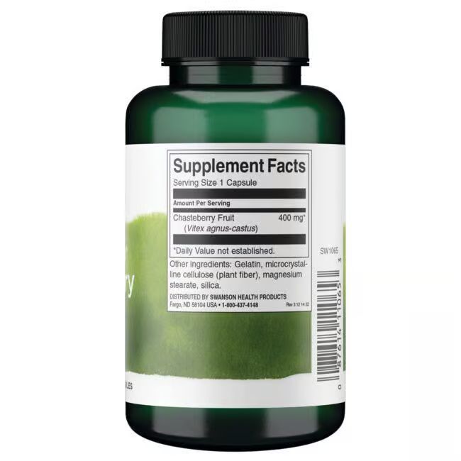 Dos du flacon vert. Étiquette blanche avec informations nutritionnelles. Ingrédients: Chasteberry Fruit, 400 mg.