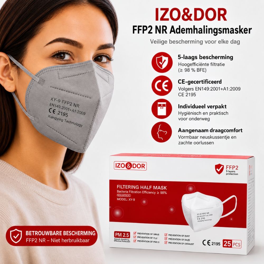 Man met FFP2-masker in winkel; kenmerken: CE-gecertificeerd, ergonomisch.
