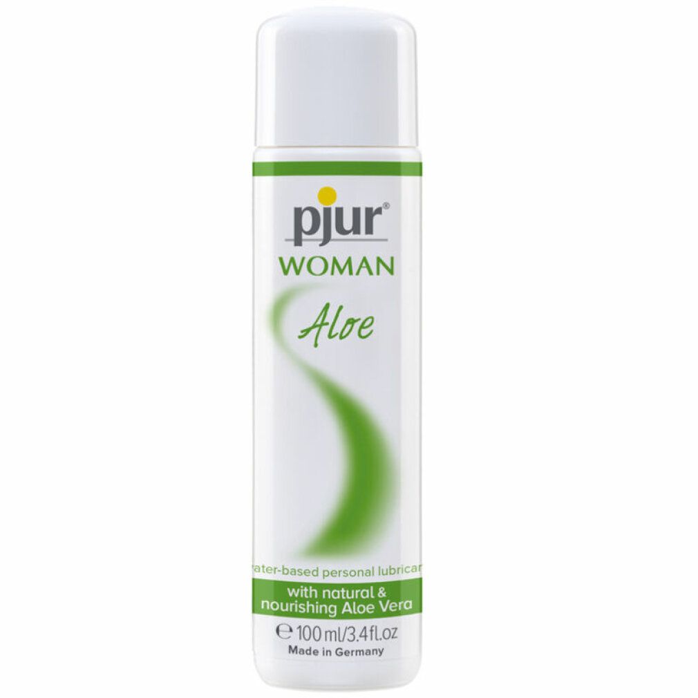 Witte fles met geel logo "pjur" en tekst "WOMAN Aloe". Bevat "Water-based Personal Lubricant".