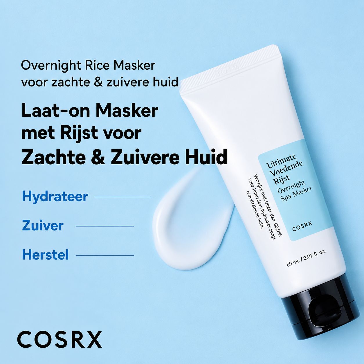 COSRX rijst nachtmasker: 68% rijstextract, 2% niacinamide. Klinisch getest.