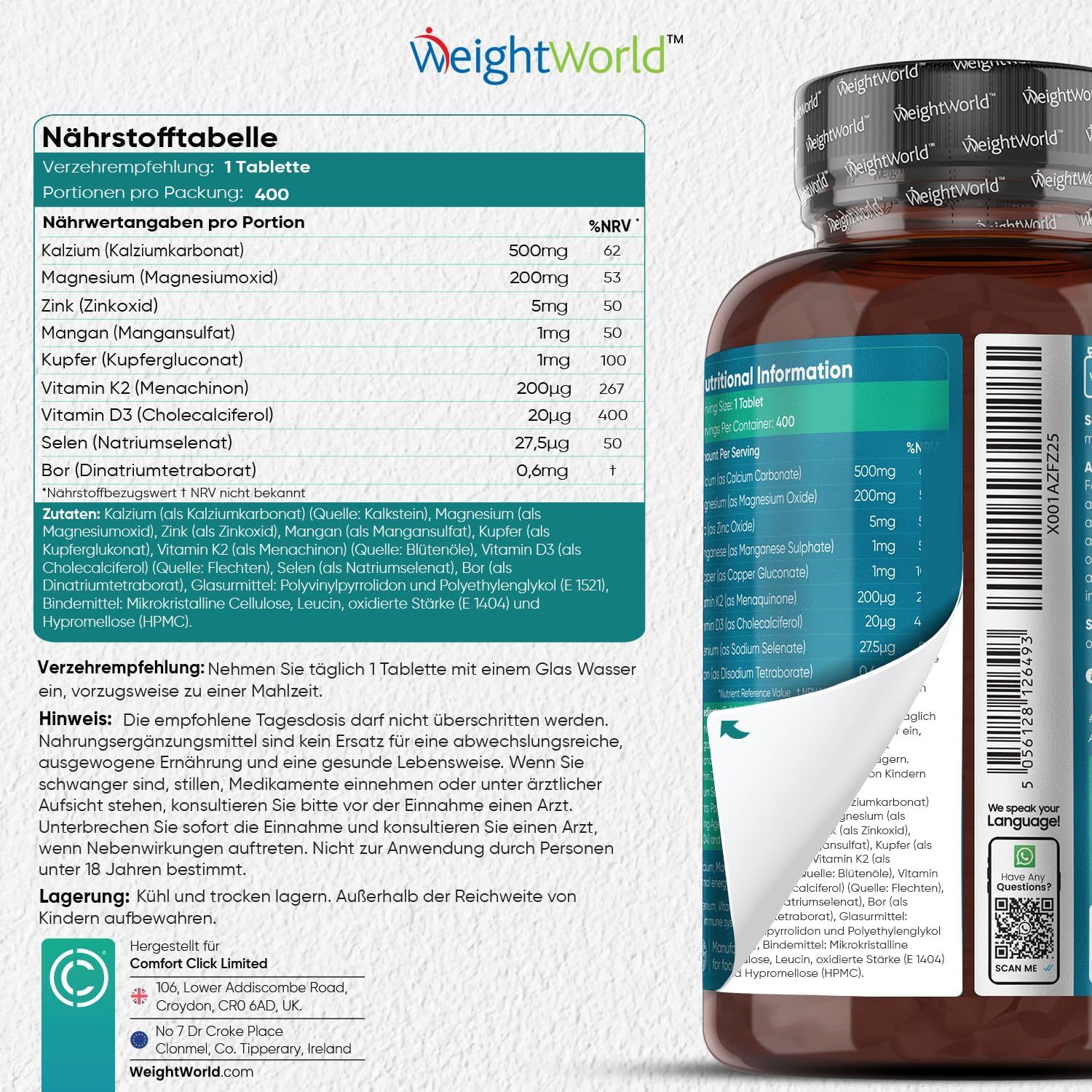 Flacon WeightWorld Calcium, Magnésium & Zinc. Tableau nutritionnel. 400 comprimés. Ingrédients : calcium, magnésium, zinc, etc. Mode d'emploi.