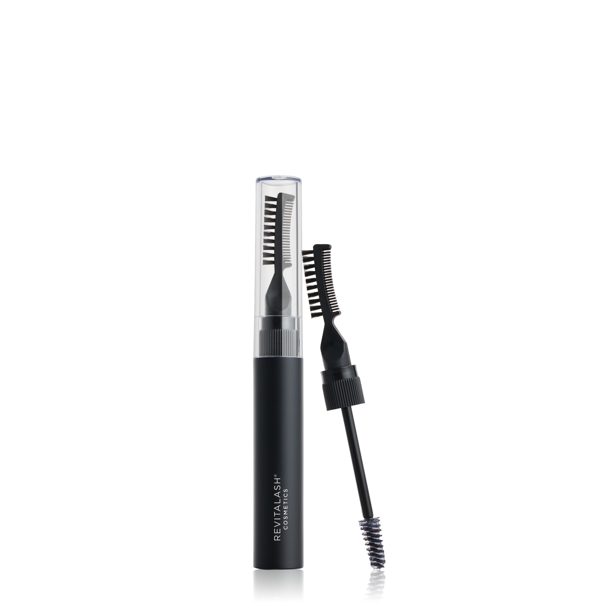 Applicateur noir avec brosse et peigne pour sourcils. Le manche est noir, le capuchon transparent.