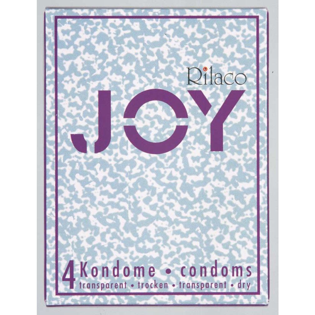 Emballage du produit "JOY" avec le logo "Rilaco". Contient 4 préservatifs. Inscription: transparent, sec.