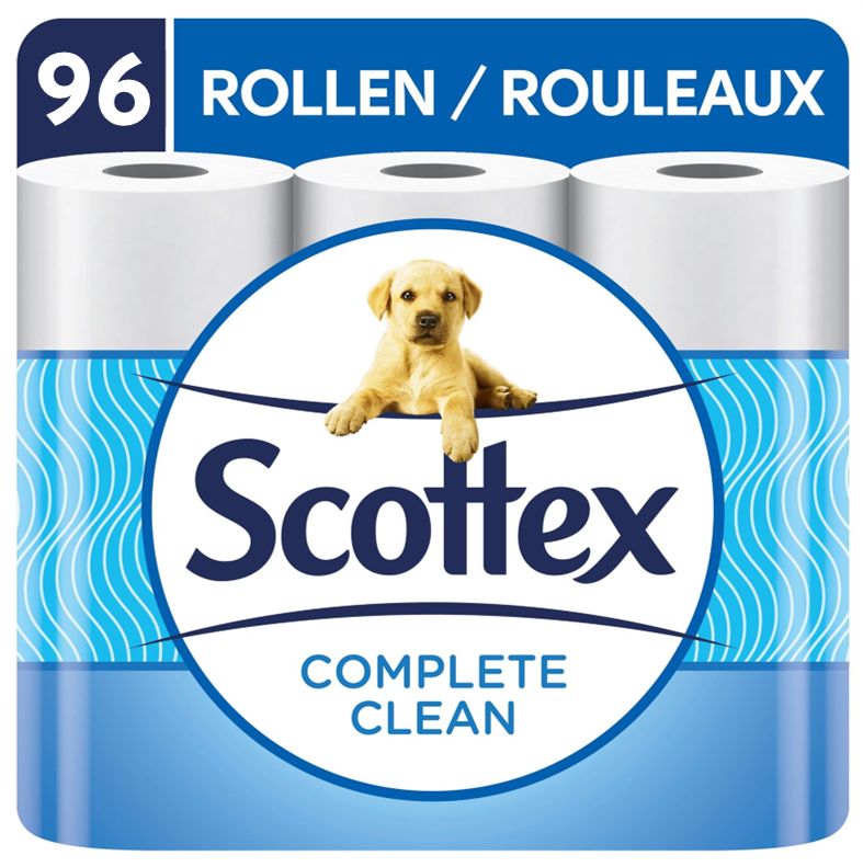 Paquet de 96 rouleaux de papier toilette Scottex Décor. Emballage bleu avec logo, chiot et désignation du produit.