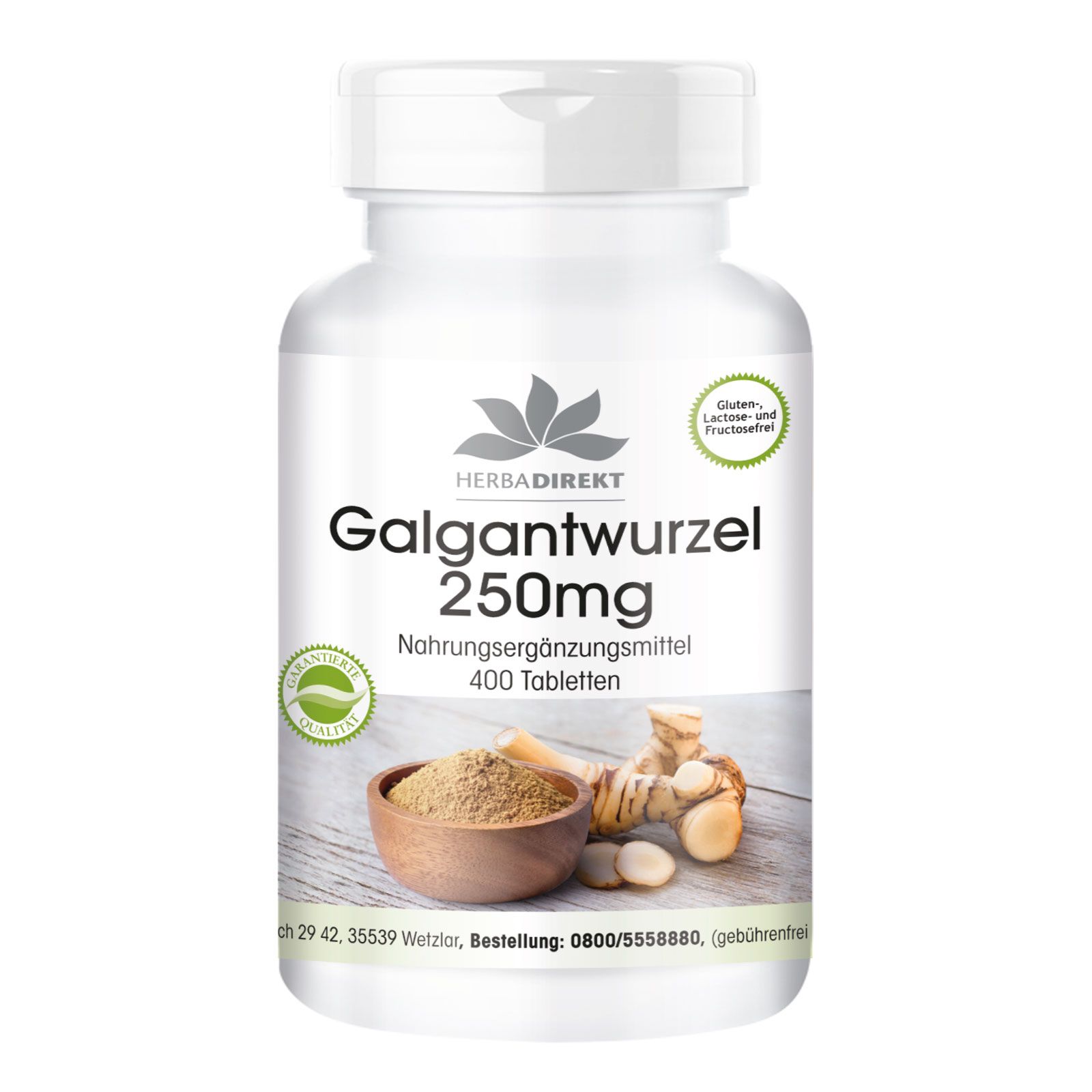 Flacon blanc avec étiquette. Inscription: Galgantwurzel 250mg, 400 comprimés. Logo: Herbadirekt. Illustration: Galanga et poudre.