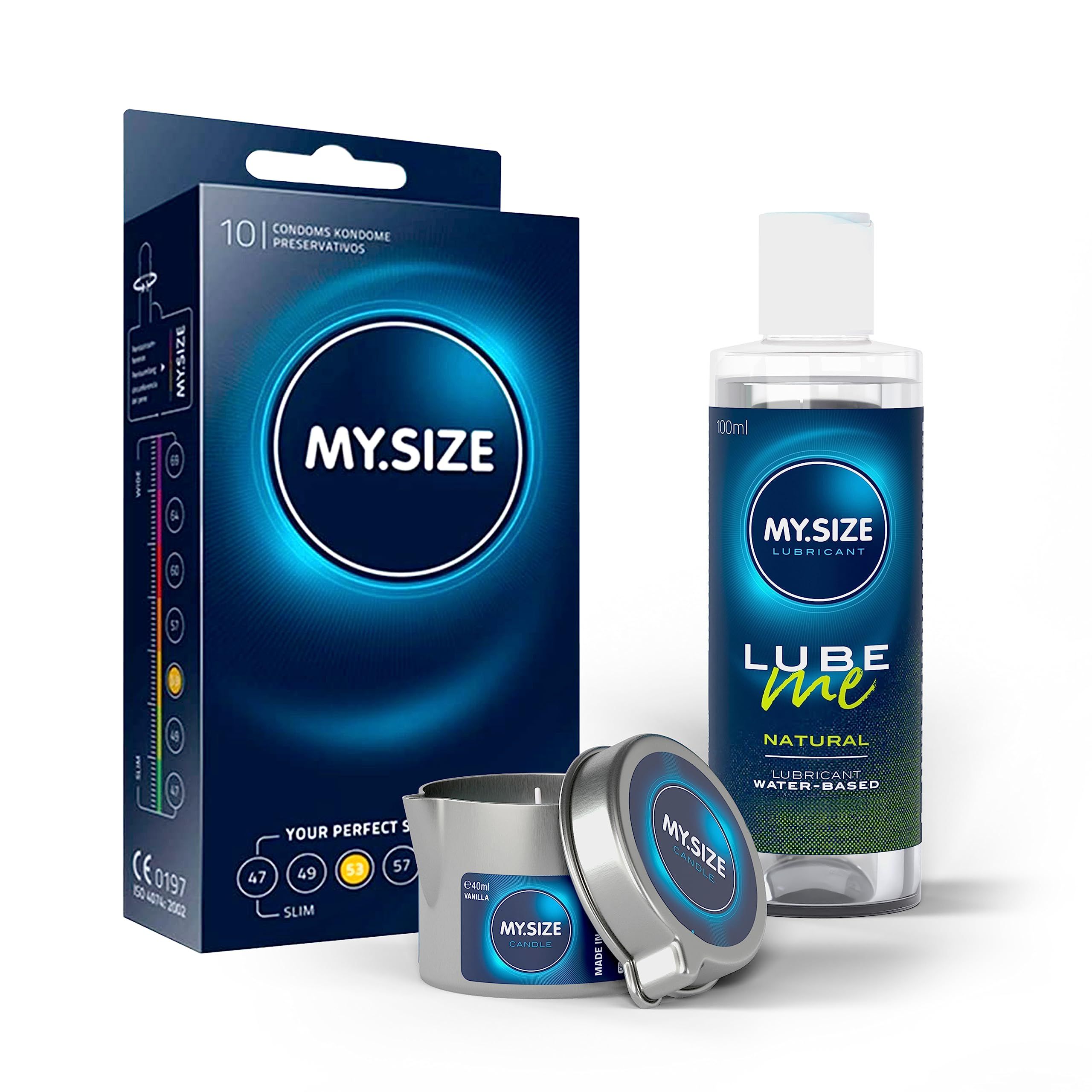 MY.SIZE PRO Préservatifs + LUBE ME Natural + Body Candle Set