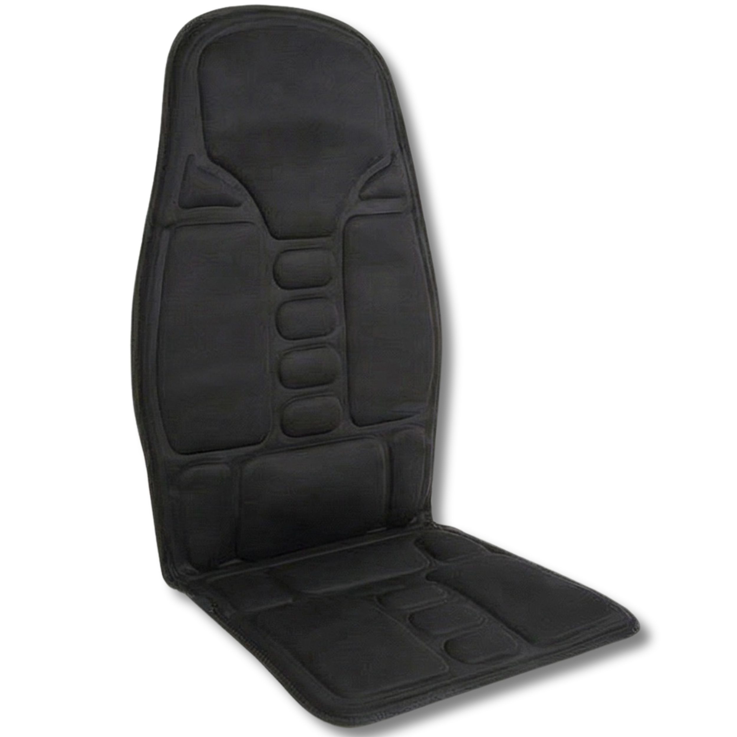 Siège de massage noir. Forme rectangulaire avec plusieurs zones rembourrées. Vue détaillée.