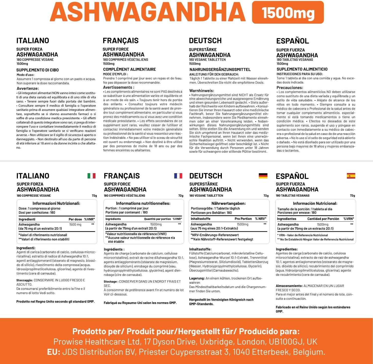 Informations produit multilingues. Contient des informations sur l'Ashwagandha en allemand, italien, français et espagnol.