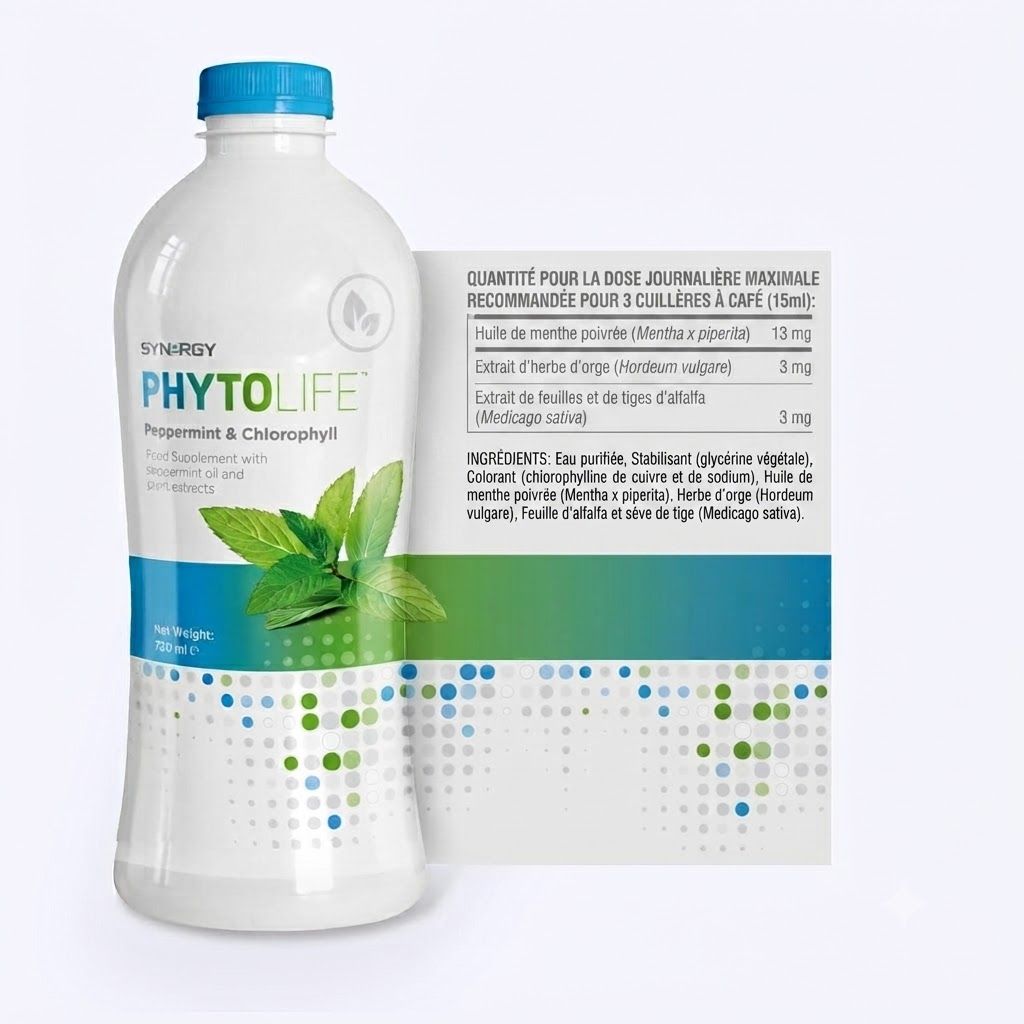 Phytolife Menthe poivrée et Chlorophylle complément alimentaire dans une bouteille blanche à bouchon bleu. Feuillet avec ingrédients.