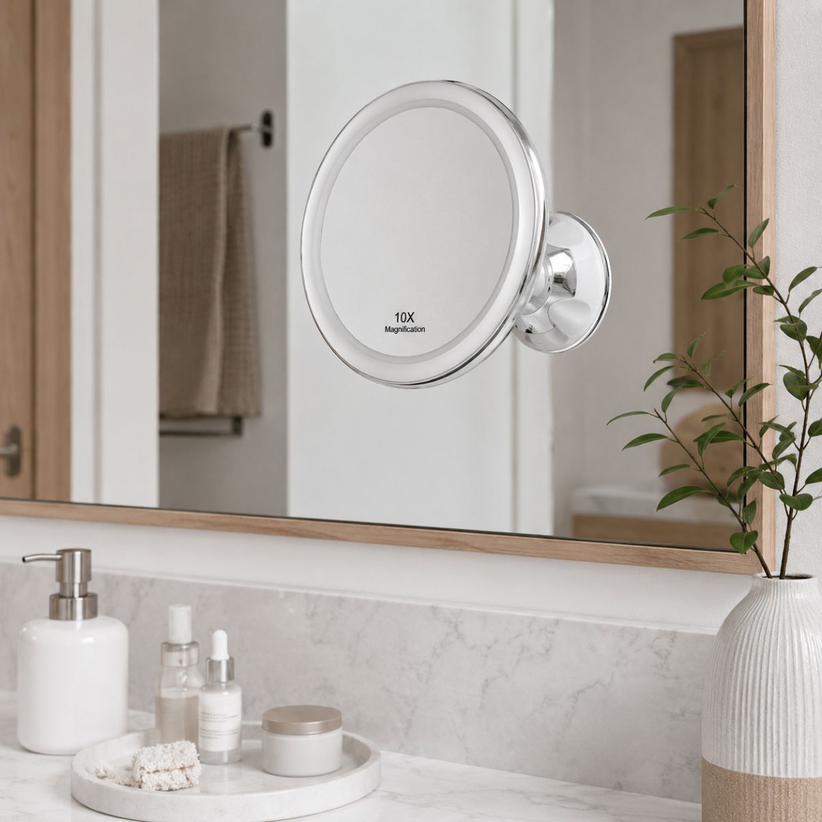 Miroir LED rond grossissant 10x avec ventouse, fixé à un mur.