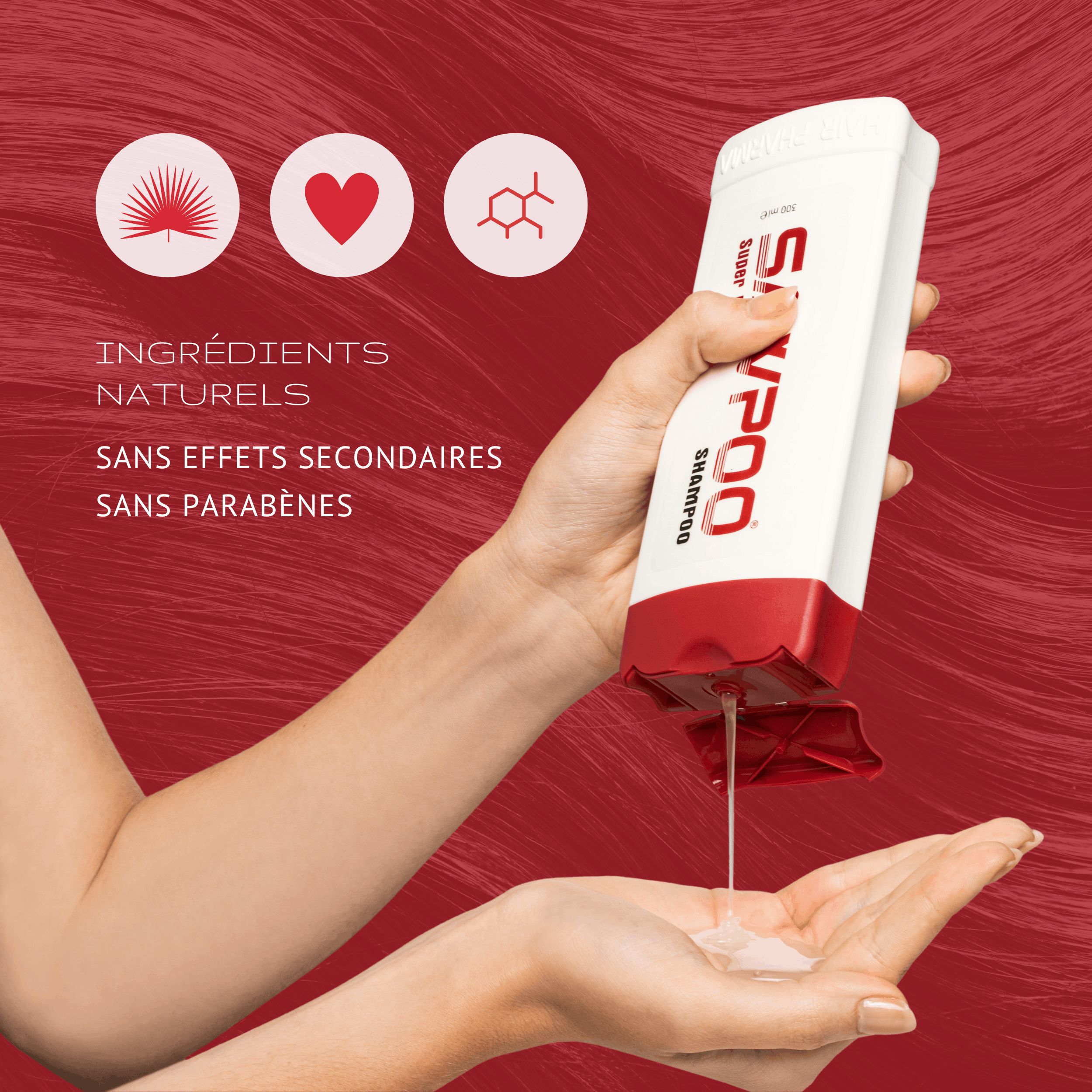 Main versant du shampooing d'un flacon. Texte: Ingrédients naturels, sans effets secondaires, sans parabènes. Shampooing SAWPOO.