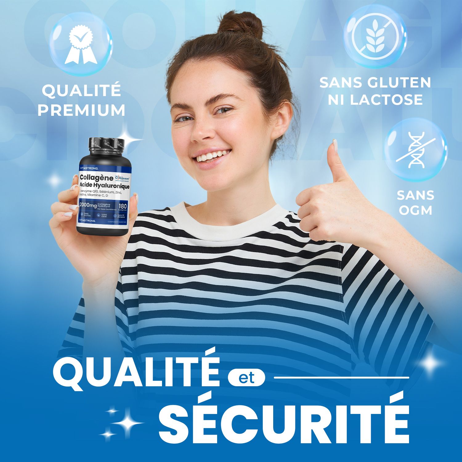 Vitastrong Kollagen + Hyaluronsäure. 180 comprimés. Femme tenant une bouteille. Qualité premium, sans gluten et sans OGM.