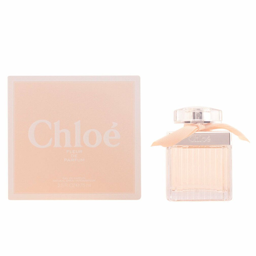 Fles en verpakking. Vierkante fles, gegroefd, met strik. Roze verpakking, opschrift Chloé.