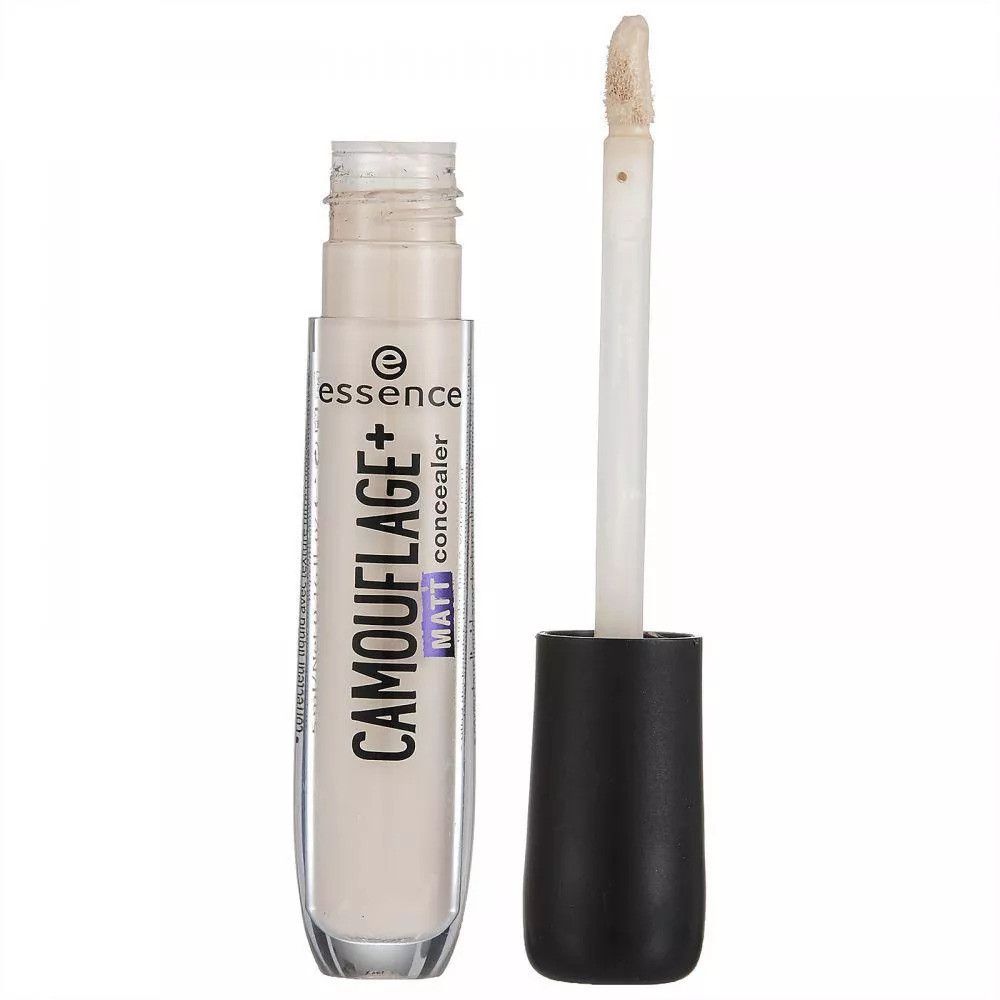 Essence Concealer Camouflage + Matt. Fles met applicator. Zwarte dop, transparante fles met product. Opschrift: CAMOUFLAGE+ MATT concealer.