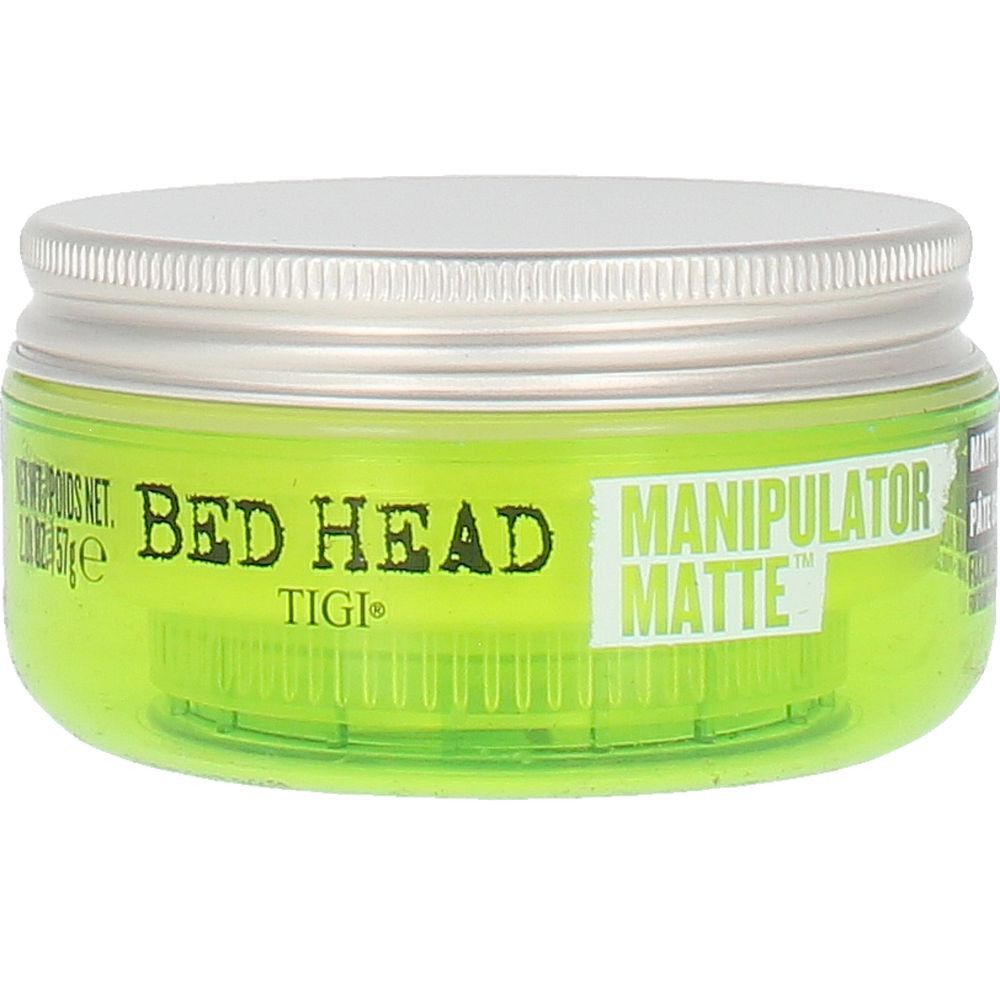 Groene pot met zilveren deksel. Opschrift: BED HEAD, MANIPULATOR MATTE, TIGI. Inhoud: 2.01 OZ. / 57g.
