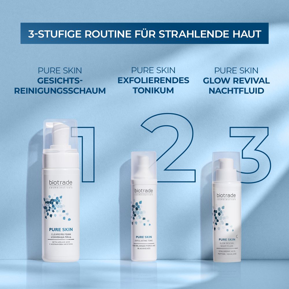 Trois produits: Mousse nettoyante Pure Skin, Tonique exfoliant Pure Skin, Fluide de nuit Glow Revival. Biotrade.