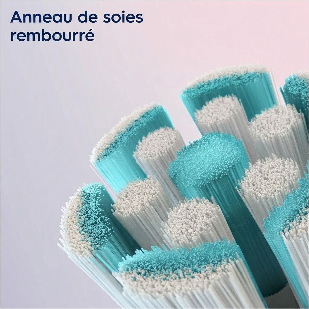 Gros plan d'une tête de brosse Oral-B iO avec poils bleus et blancs.