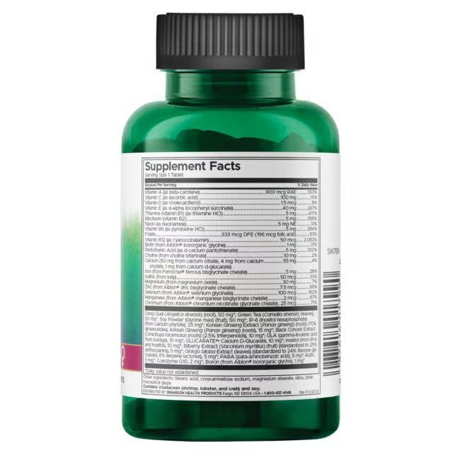 Dos du flacon vert. Contient des informations nutritionnelles et des ingrédients. Texte en anglais.