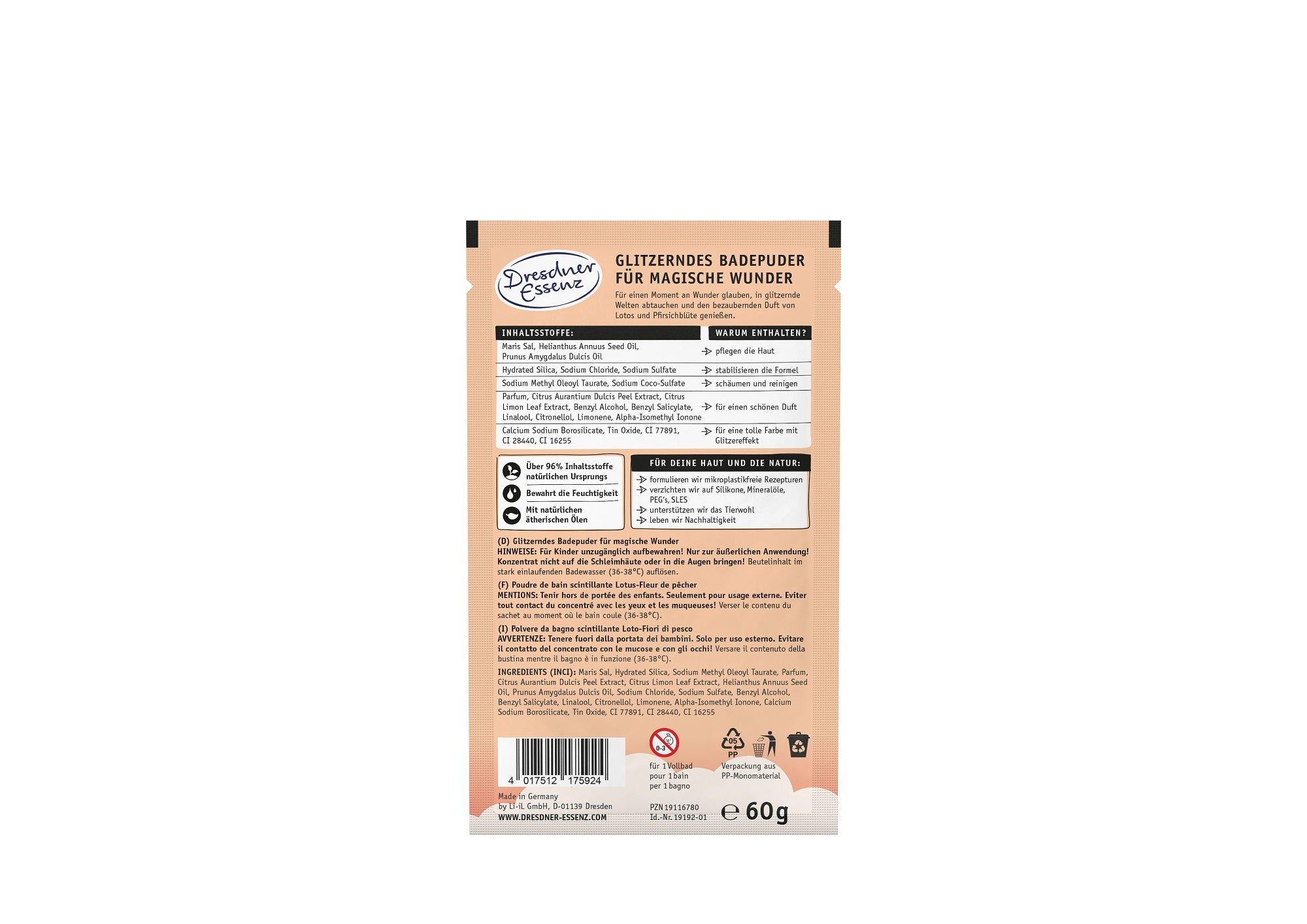 Dos du sachet de bain. Texte : Ingrédients, instructions d'utilisation, avertissements. Marque : Dresdner Essenz. Poids : 60g.