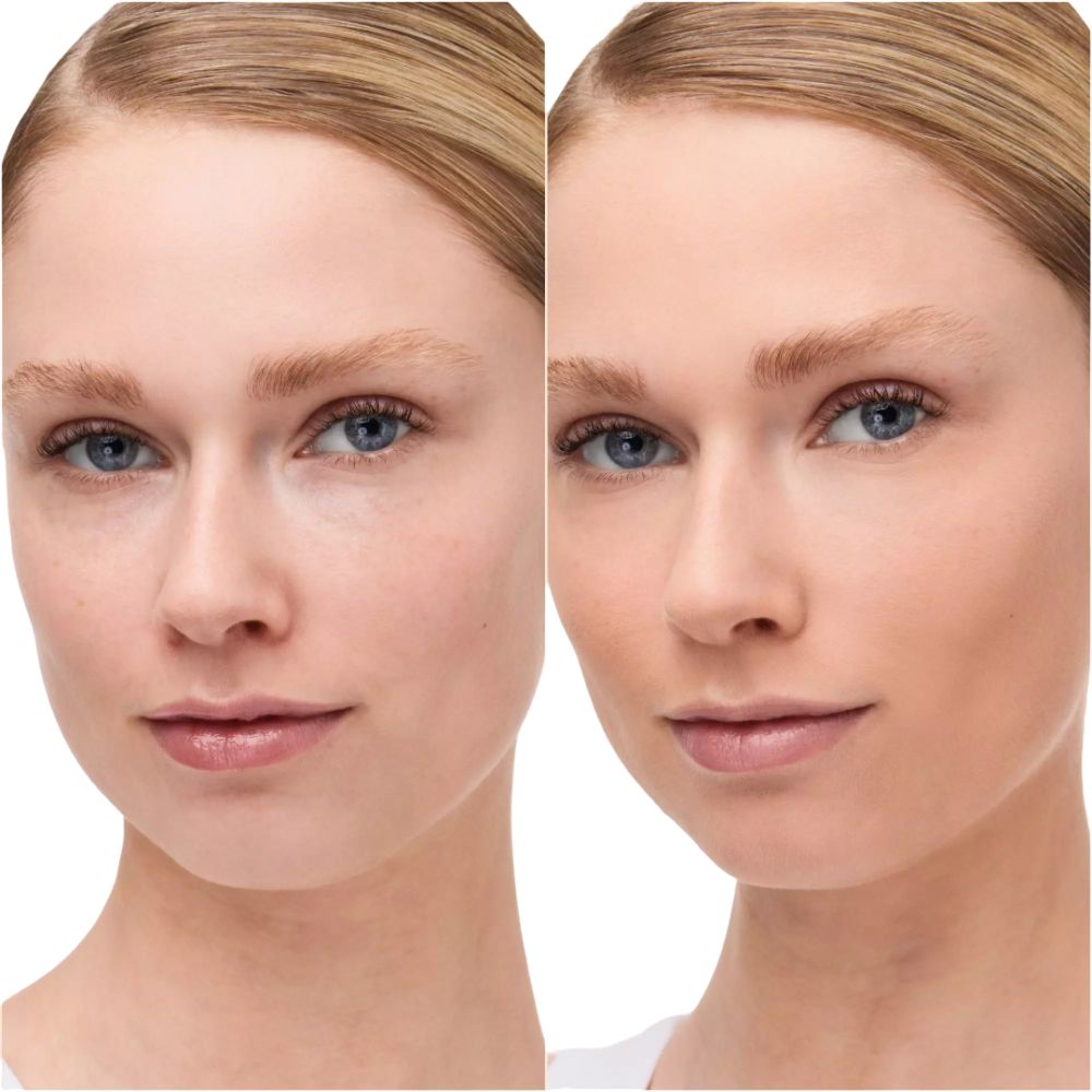 Twee vrouwenportretten. Links: ongeschminkt gezicht. Rechts: gezicht met make-up. Beide met lichte teint.