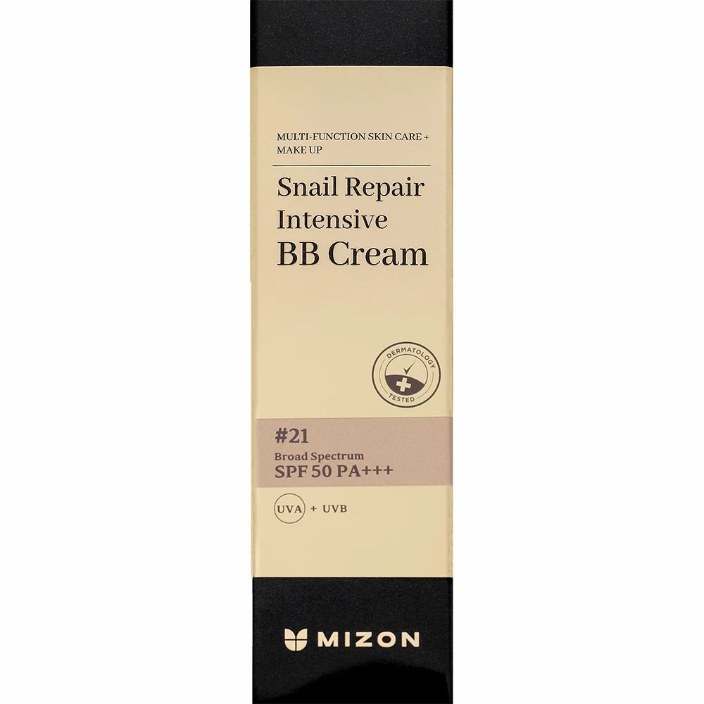 MIZON Snail Repair Intensive BB Cream SPF 50 PA+++, teinte #21, tube doré avec bouchon noir.