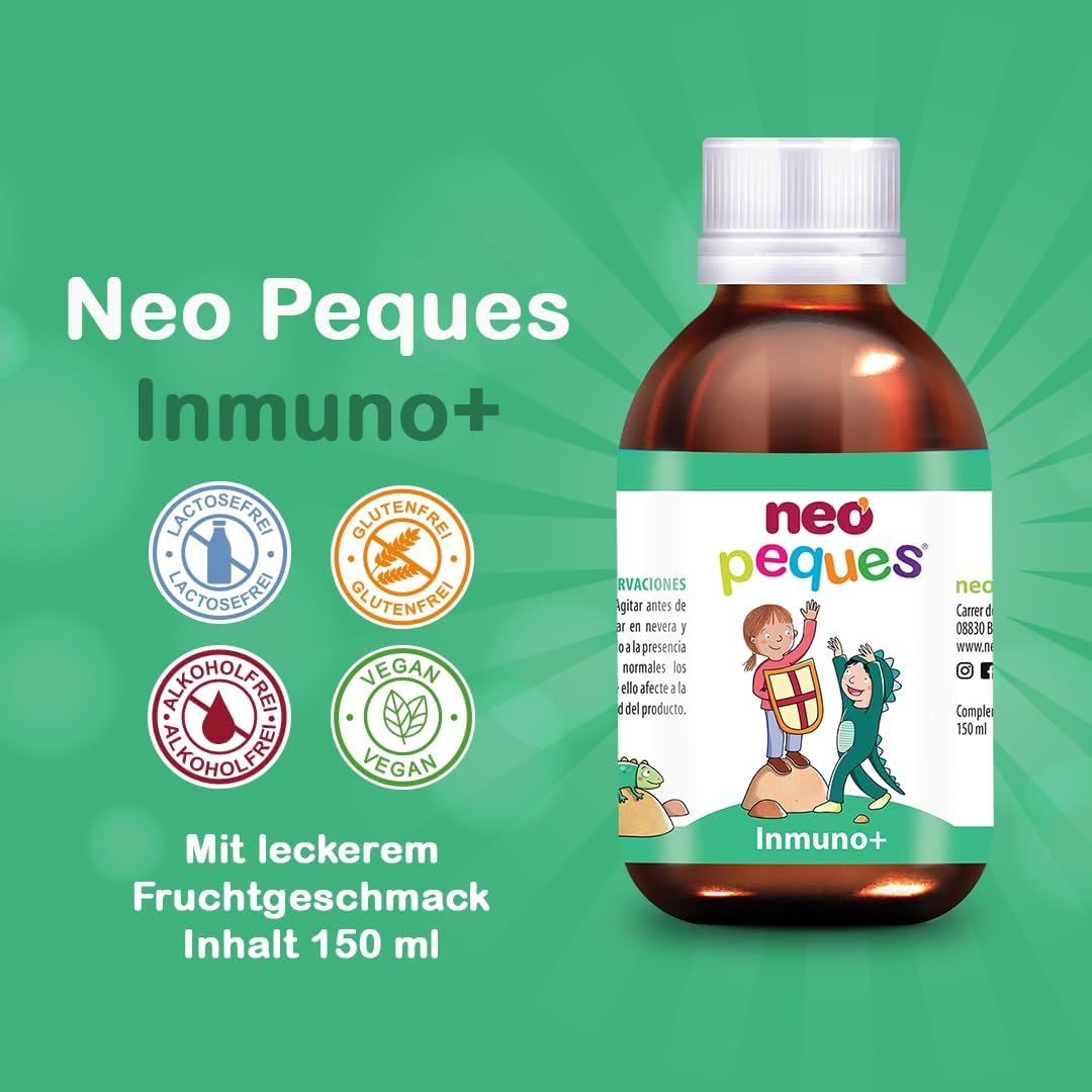 Flacon de sirop Neo Peques Inmuno+ avec logos : sans lactose, sans gluten, sans alcool, végétalien. Goût fruité, 150 ml.
