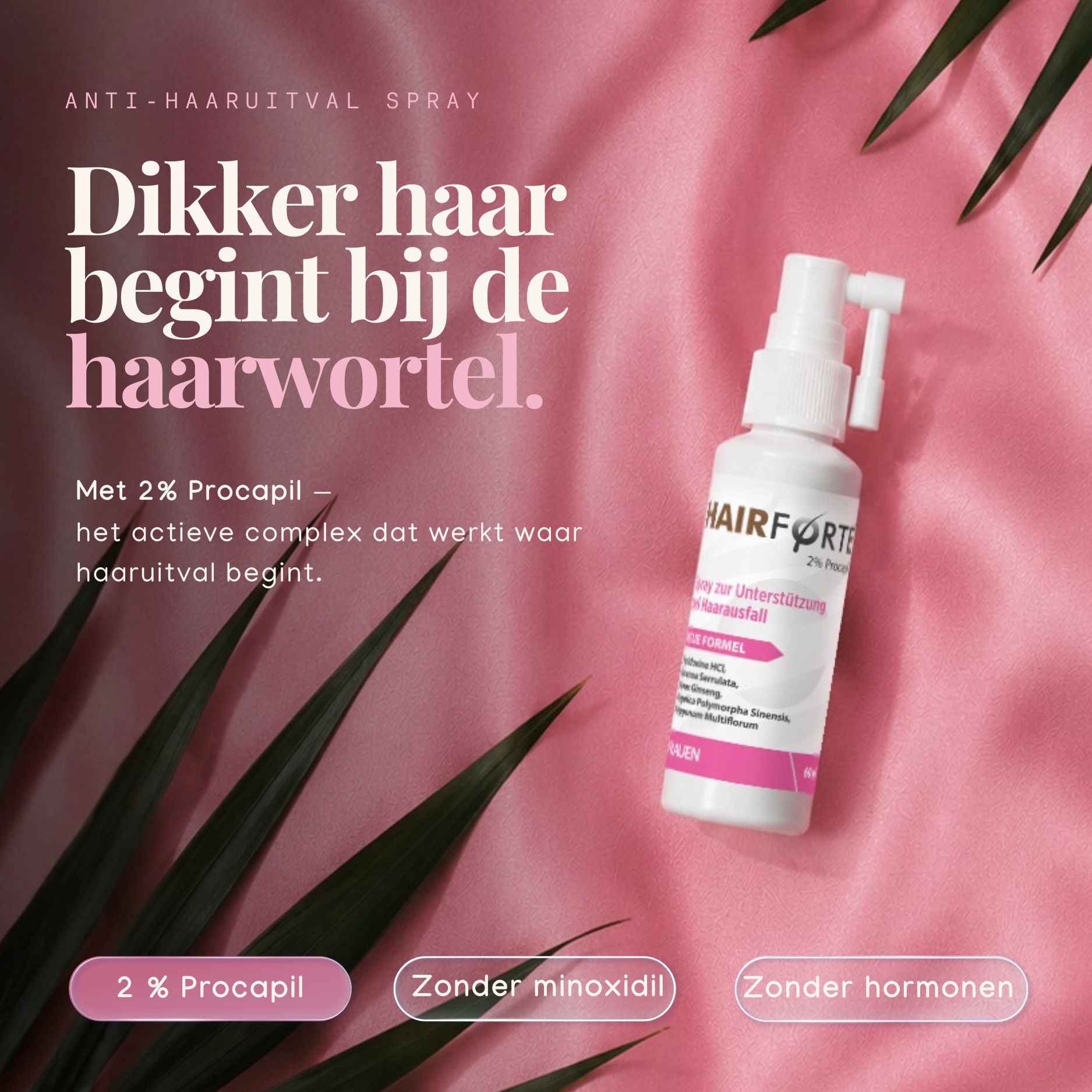 Hairforte Spray 2% Procapil op roze achtergrond met palmbladeren.