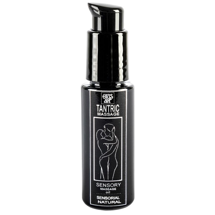 Huile de massage tantrique dans une bouteille noire avec pompe. Étiquette montrant un couple et des feuilles vertes.