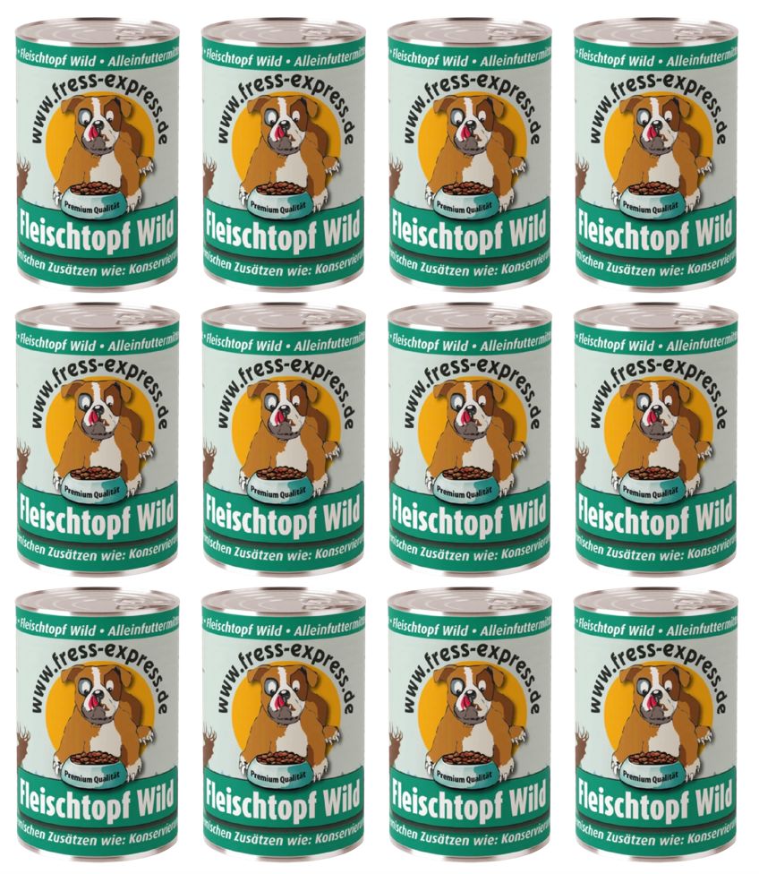 Meerdere blikken Fress-express Fleischtopf Wild. Opschrift: Fleischtopf Wild, volledig diervoeder, premium kwaliteit, zonder toevoegingen zoals conserveermiddelen.