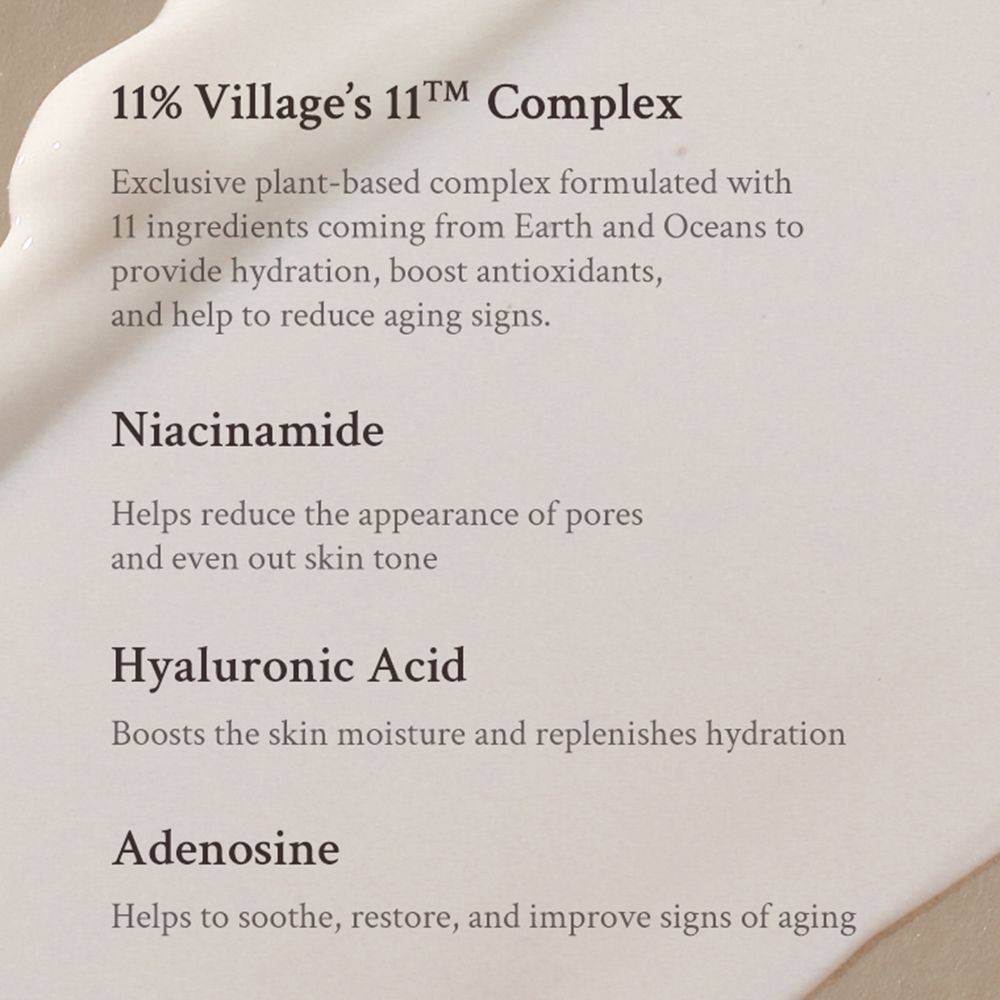 Tekst over ingrediënten: 11% Village's 11TM Complex, Niacinamide, Hyaluronzuur, Adenosine.