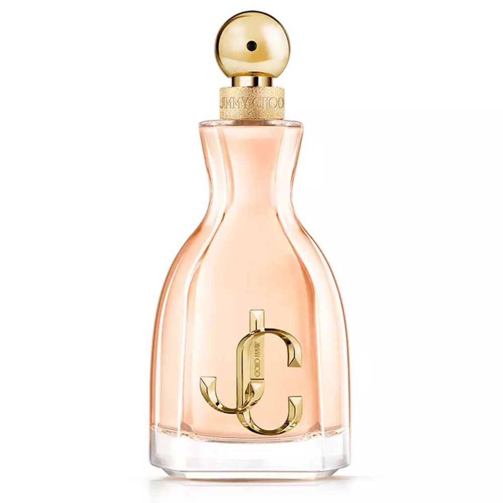 Parfumflesje met gouden dop en logo. Transparant flesje met roze vloeistof.