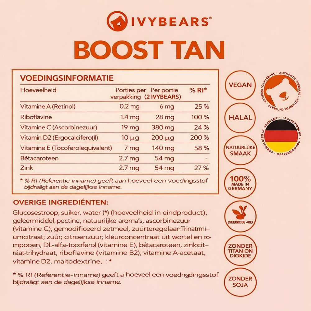 Voedingsinformatie voor IvyBears Boost Tan gummies. Vegan, halal, 100% Made in Germany.