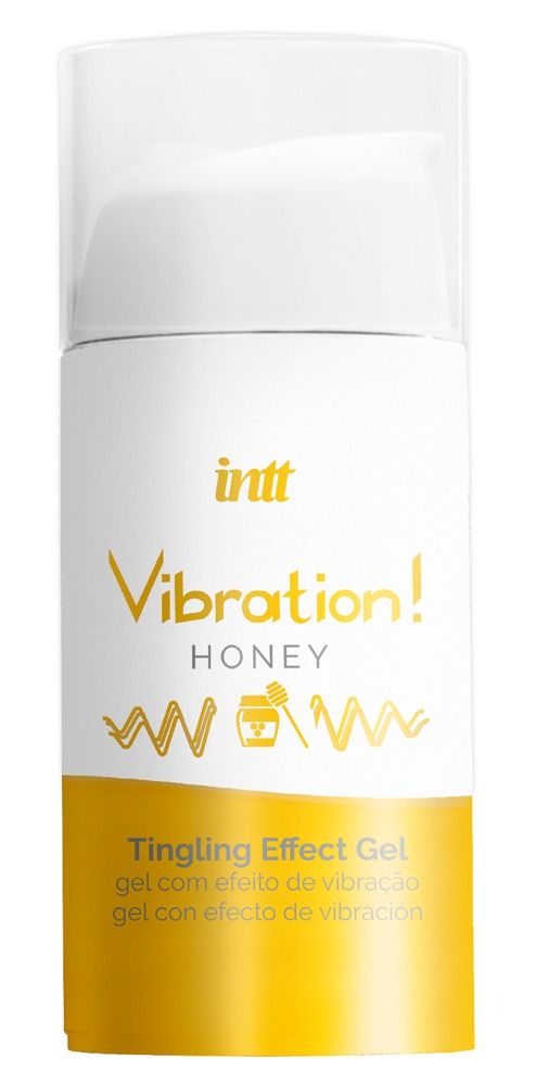 Bouteille INTT Vibration! Honey Tingling Effect Gel avec accent jaune.