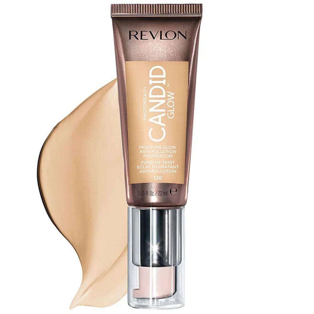 Revlon PhotoReady Candid Glow Foundation. Tube met pomp en kleurstaal. Tekst: Moisture Glow Anti-Pollution Foundation.