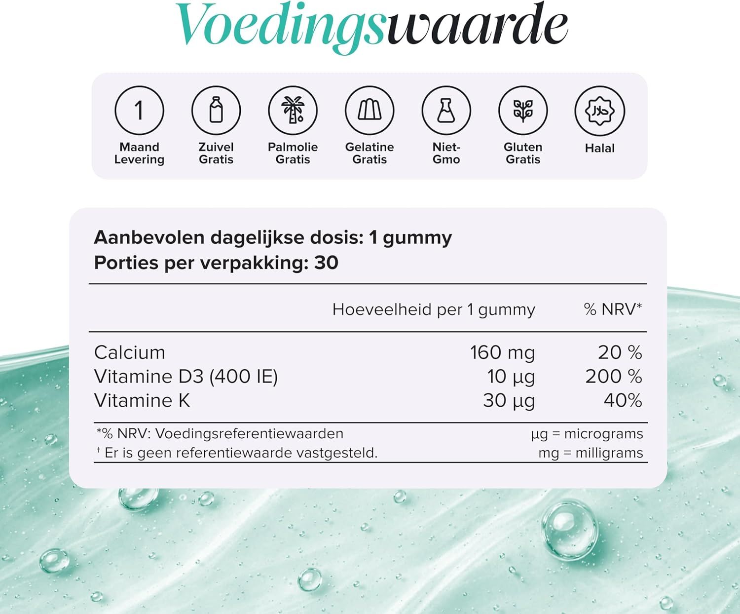 Voedingswaarde-informatie voor Novomins Kids Calcium & Vitamine D Gummies. Zonder palmolie, lactose, gluten.