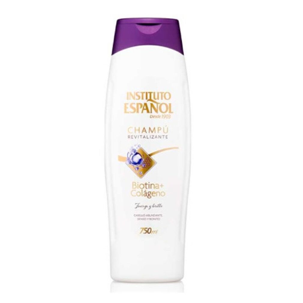 Flacon blanc avec bouchon violet, inscription "Instituto Español Champú Revitalizante Biotin+Colágeno".