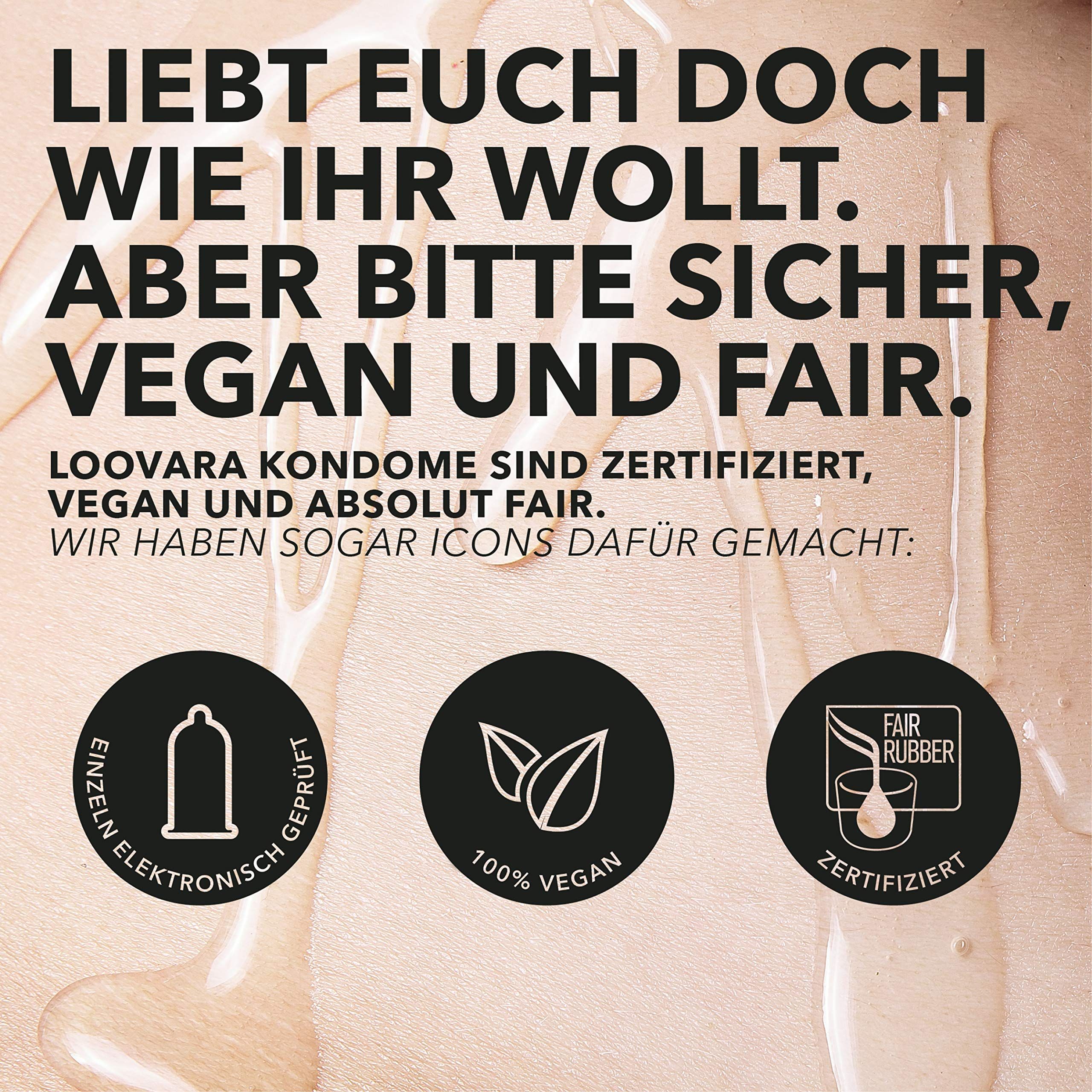 Loovara condooms: elektronisch getest, 100% vegan, Fair Rubber gecertificeerd.