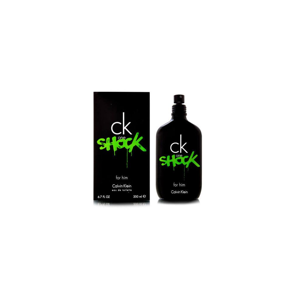 Zwarte fles en verpakking. "ck one SHOCK" wit en groen. "for him", "Calvin Klein" en volume.