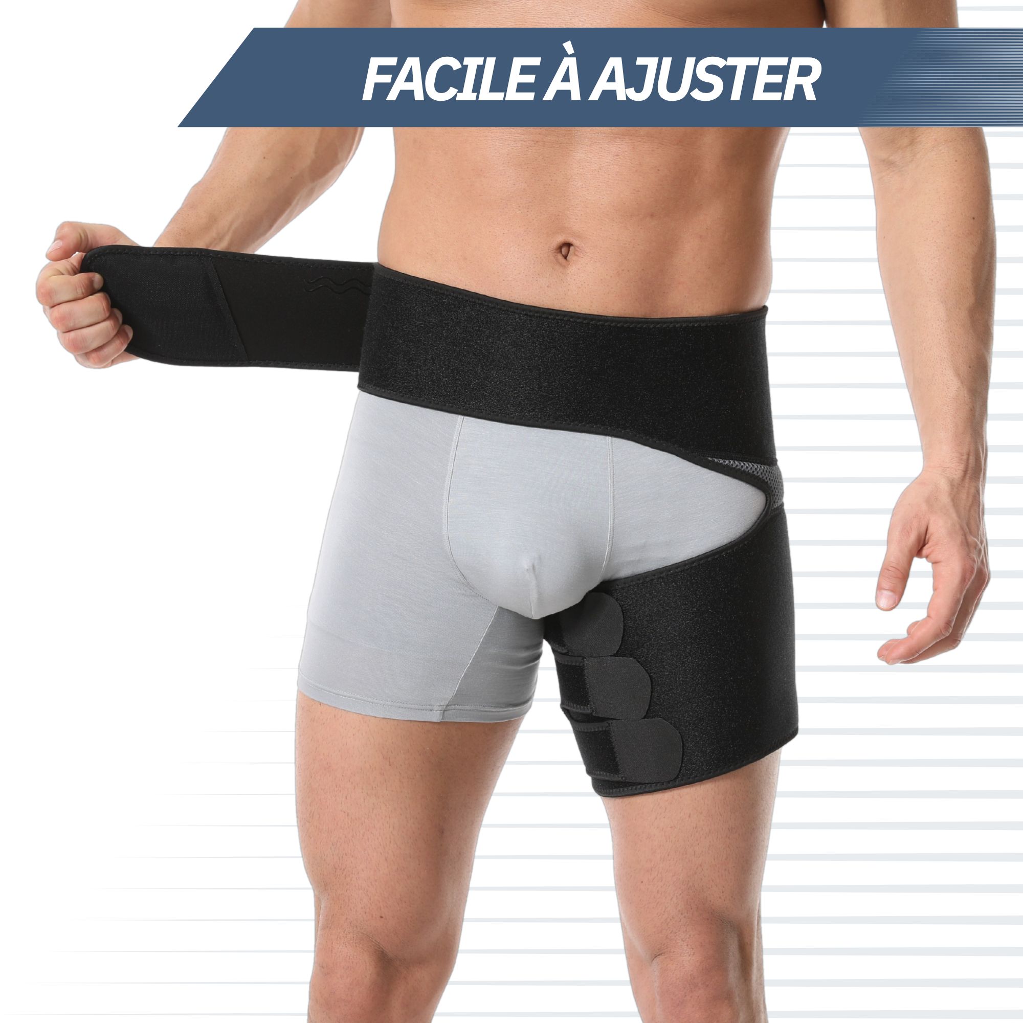 Ceinture de soutien noire pour hanche et cuisse avec fermeture velcro.