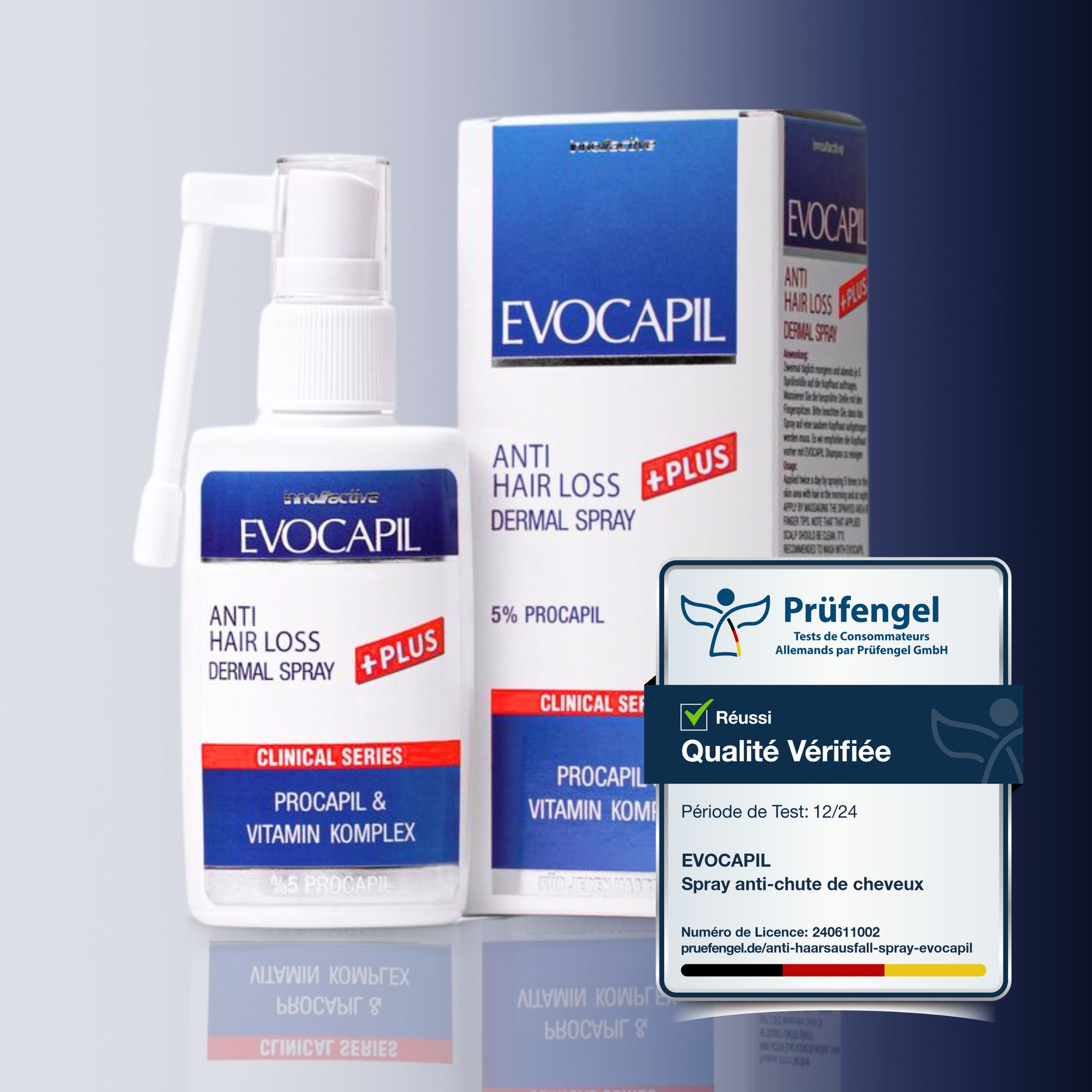Witte sprayfles en verpakking met blauw-rood label. Opschrift: Evocapil, Anti-haaruitval Dermal Spray +Plus.