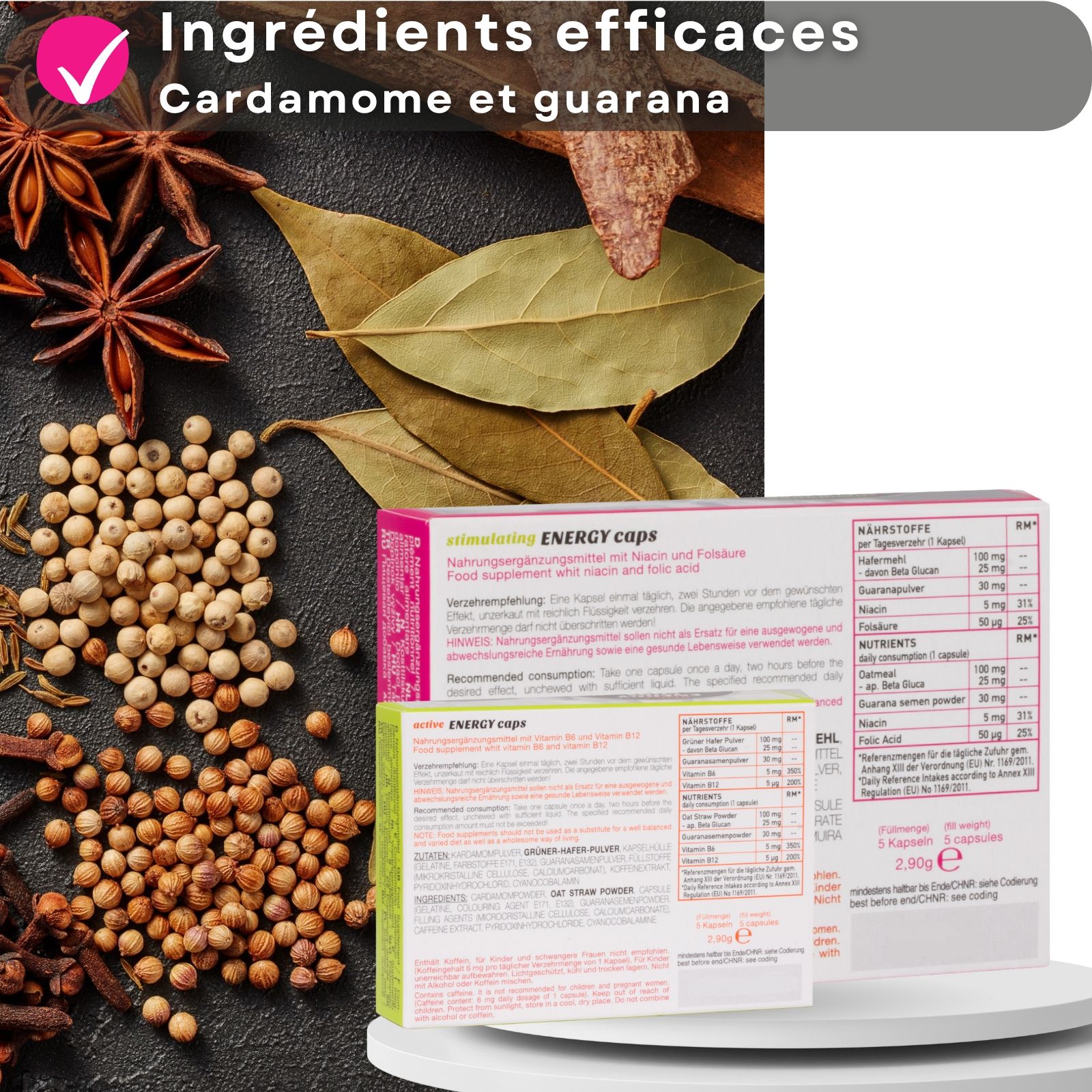 Deux boîtes de gélules. Inscription : Ero, Energy Caps. Inscription : women, men. Un couple s'embrasse.