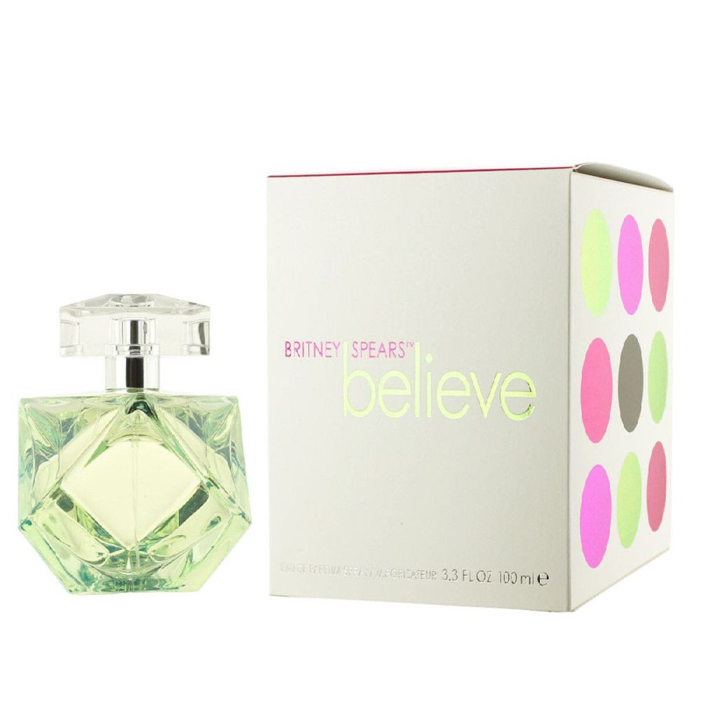 Flacon vert avec bouchon transparent et emballage. Inscription : Britney Spears Believe. Emballage avec cercles colorés.