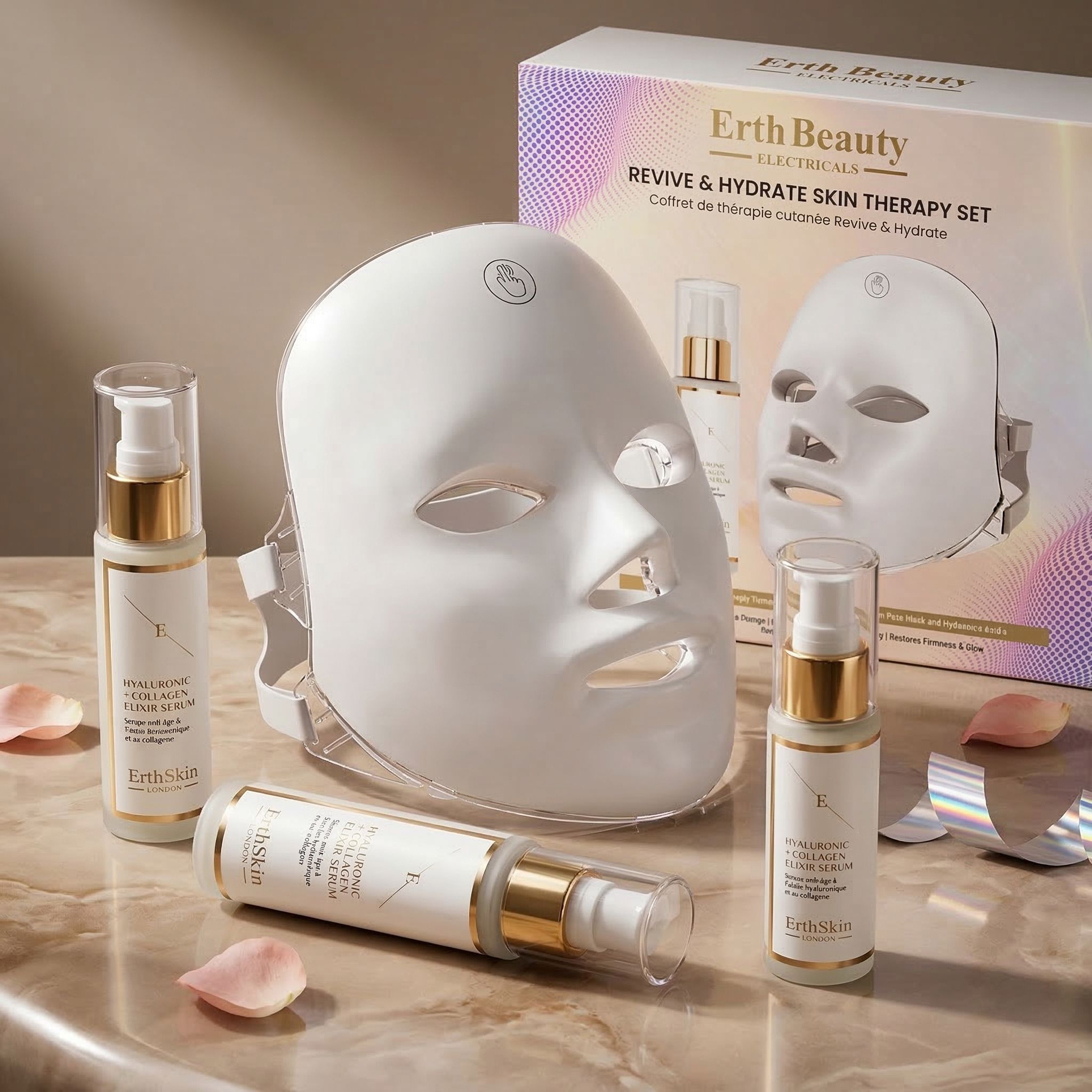 Revive & Hydrate huidverzorgingsset met LED-masker en serums.