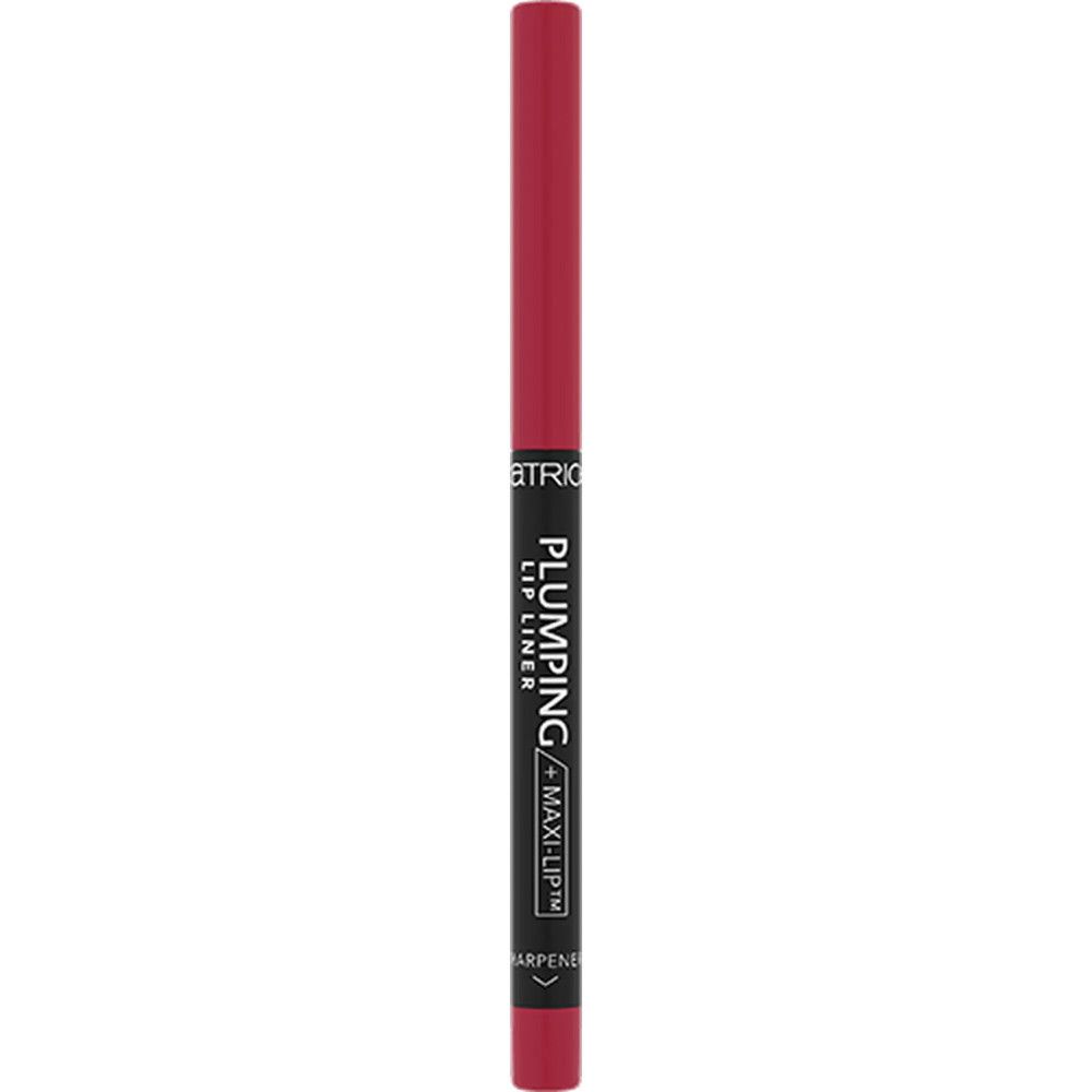 Rode lipliner. Cilindrisch. Zwarte tekst: PLUMPING LIP LINER / MAXI-LIP. Merk: Catrice.