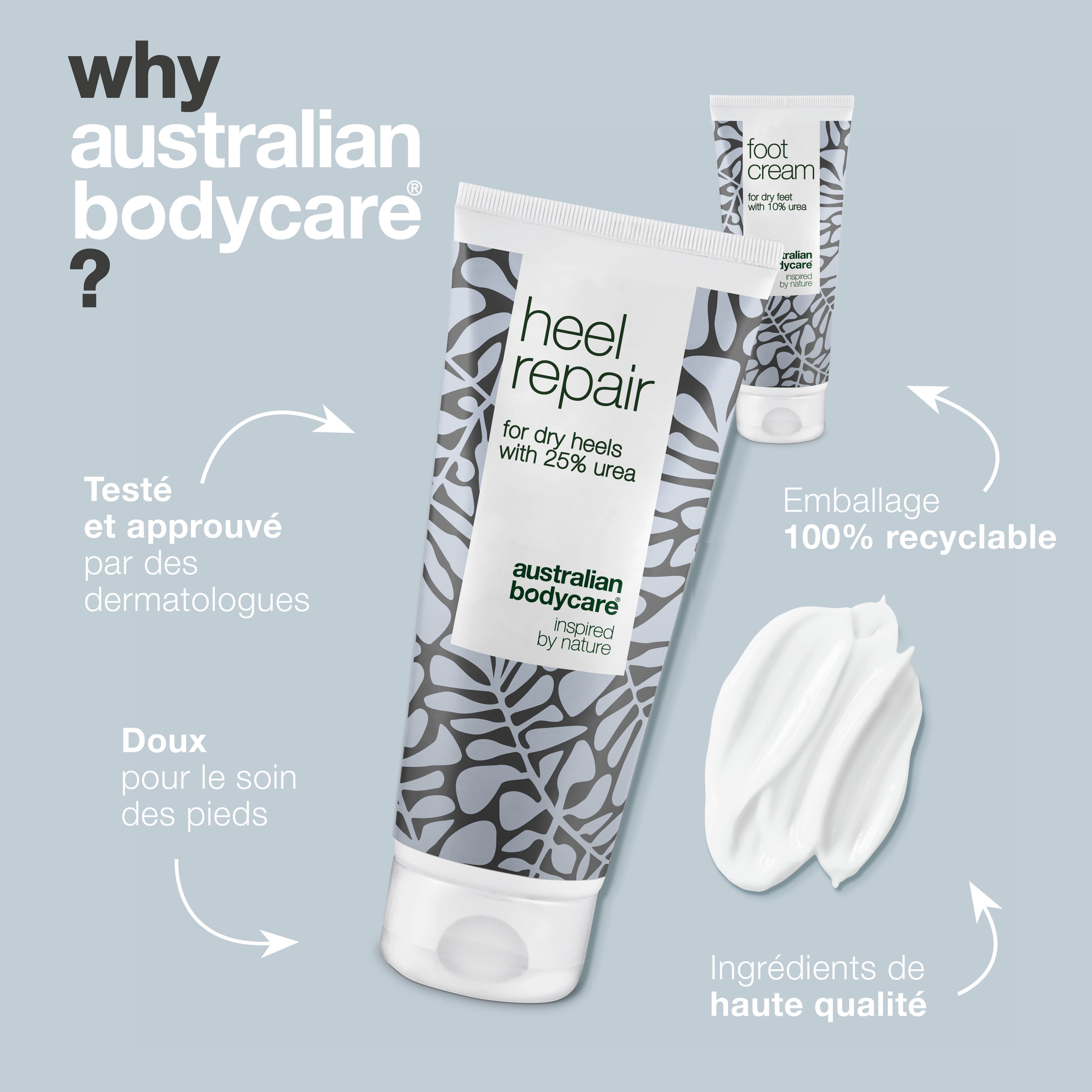 Deux tubes de crème pour les pieds et de réparation des talons. Texte : Pourquoi Australian Bodycare ? Informations sur le produit.